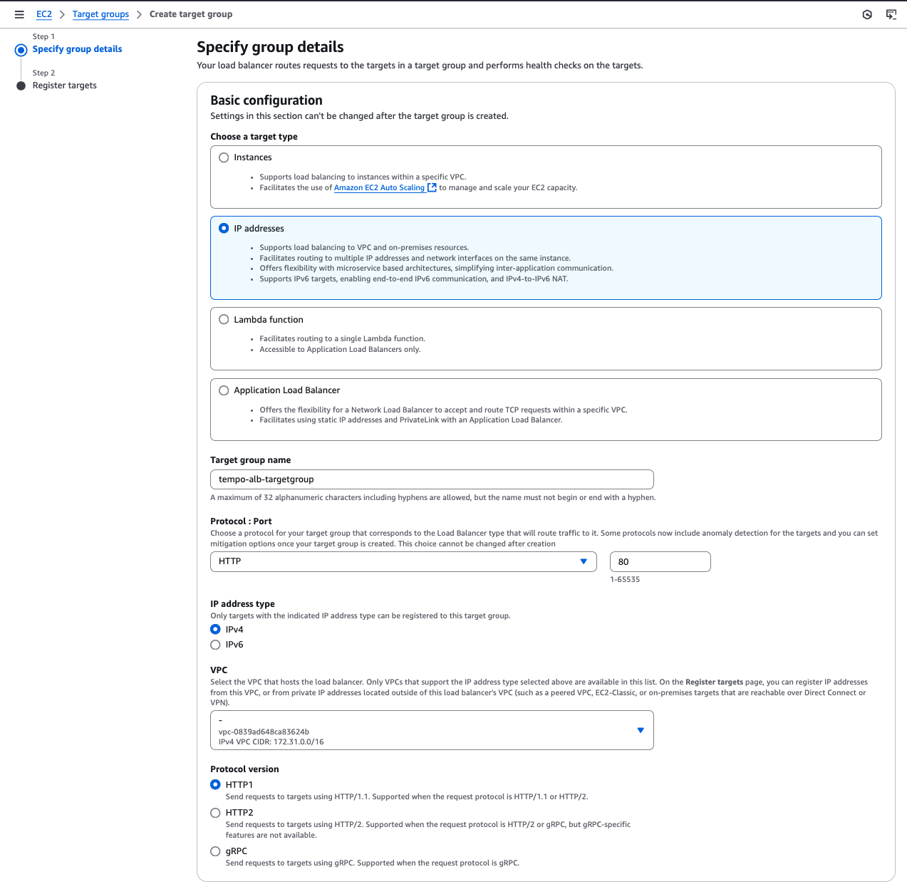 Create target group